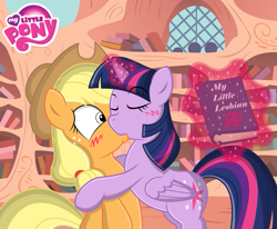 Size: 927x762 | Tagged: safe, artist:superfluttershy100, applejack, twilight sparkle, twilight sparkle (alicorn), alicorn, earth pony, pony, blushing, book, eyes closed, female, golden oaks library, hug, kissing, lesbian, magic, mare, my little pony logo, shipping, telekinesis, trace, twijack, wide eyes