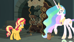 Size: 1920x1080 | Tagged: safe, screencap, princess celestia, sunset shimmer, alicorn, pony, unicorn, better together, equestria girls, forgotten friendship, duo, female, library, library catalog, spider web