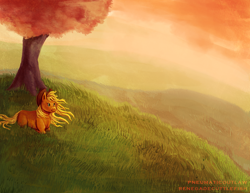 Size: 1024x791 | Tagged: safe, artist:pneumaticoutlaw, applejack, earth pony, pony, grass, loose hair, prone, solo, tree, windswept mane