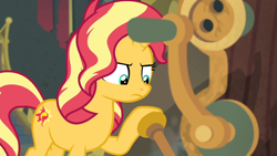 Size: 1920x1080 | Tagged: safe, screencap, sunset shimmer, pony, unicorn, better together, equestria girls, forgotten friendship, female, lever, library, solo