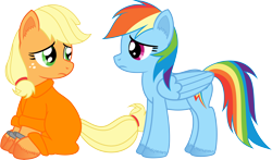 Size: 8895x5224 | Tagged: safe, artist:age3rcm, derpibooru import, applejack, rainbow dash, earth pony, pegasus, pony, absurd resolution, clothes, cuffs, eye contact, frown, looking at each other, looking back, prison outfit, sad, simple background, sitting, transparent background, unshorn fetlocks, vector