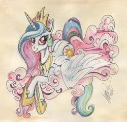 Size: 924x884 | Tagged: safe, artist:sagastuff94, princess celestia, alicorn, pony, cloud, prone, smiling, solo, spread wings, traditional art