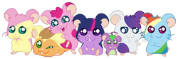 Size: 900x298 | Tagged: safe, artist:taritoons, derpibooru import, applejack, fluttershy, pinkie pie, rainbow dash, rarity, spike, twilight sparkle, hamster, group, hamsterfied, hamtaro, mane seven, mane six, species swap