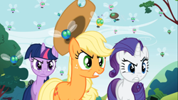 Size: 1366x768 | Tagged: safe, screencap, applejack, rarity, twilight sparkle, earth pony, parasprite, pony, unicorn, swarm of the century