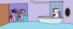 Size: 1261x499 | Tagged: safe, artist:logan jones, rarity, starlight glimmer, twilight sparkle, twilight sparkle (alicorn), alicorn, pony, unicorn, bath, bathroom, bathtub, blank stare, door, have you seen this snail?, interrupted, night, screaming, shower curtain, spongebob squarepants, we don't normally wear clothes, wet mane, where's gary, window