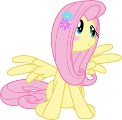 Size: 7644x7540 | Tagged: safe, artist:vulthuryol00, fluttershy, pegasus, pony, absurd resolution, blushing, cute, flower, flower in hair, shyabetes, simple background, sitting, smiling, solo, spread wings, transparent background, vector