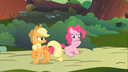 Size: 1366x768 | Tagged: safe, screencap, applejack, pinkie pie, earth pony, pony, swarm of the century, duo, female, mare