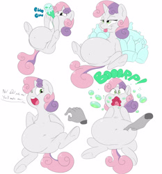 Size: 2800x3000 | Tagged: safe, artist:anonopony, sweetie belle, pony, unicorn, belly, belly button, big belly, bloated, bottle, burp, cropped, dialogue, disembodied hand, female, filly, hand, inflation, on back, poking, soda, soda inflation, squishy, tongue out, underhoof, wavy mouth