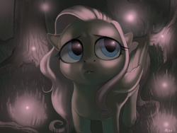 Size: 1000x750 | Tagged: safe, artist:moo, fluttershy, pegasus, pony, floppy ears, forest, looking up, solo