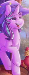 Size: 931x2351 | Tagged: safe, artist:dimwitdog, edit, big macintosh, starlight glimmer, pony, unicorn, accessory swap, chest fluff, clothes, cropped, female, hat, mare, open mouth, raised hoof, smiling, trixie's hat