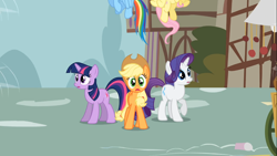 Size: 1366x768 | Tagged: safe, screencap, applejack, rarity, twilight sparkle, earth pony, pony, unicorn, swarm of the century, solo