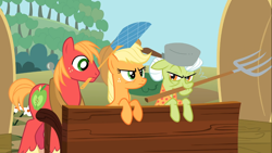 Size: 1366x768 | Tagged: safe, screencap, applejack, big macintosh, granny smith, earth pony, pony, swarm of the century, male, stallion, traffic light trio