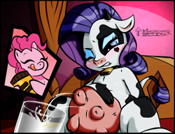 Size: 691x530 | Tagged: safe, artist:toongrowner, pinkie pie, rarity, cow, earth pony, pony, blushing, female, lactation, licking, licking lips, mare, milk, milk squirt, milking, raricow, species swap, tongue out, udder