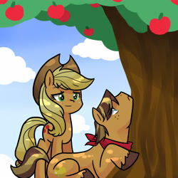 Size: 3000x3000 | Tagged: safe, artist:kianamai, applejack, oc, oc:golden delicious, earth pony, pony, apple, apple tree, applebucking, duo, female, food, frown, kilalaverse, leaning, male, mare, mother and child, mother and son, next generation, offspring, parent and child, parent:applejack, parent:caramel, parents:carajack, prone, sad, smiling, stallion, standing, story included, tree