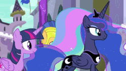 Size: 800x450 | Tagged: safe, screencap, flash sentry, princess celestia, princess luna, sunset shimmer, twilight sparkle, twilight sparkle (alicorn), alicorn, pegasus, pony, unicorn, equestria girls, equestria girls series, forgotten friendship, animated, animation error, double take, female, gif, male, mare, missing wing, most likely to be forgotten, stallion