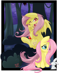 Size: 1016x1259 | Tagged: safe, artist:pomnoi, angel bunny, fluttershy, apple, duality, flutterbat