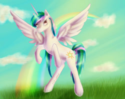 Size: 1024x807 | Tagged: safe, artist:rick-wombat, princess celestia, alicorn, pony, crepuscular rays, rainbow, rearing, solo, spread wings