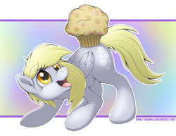 Size: 1000x773 | Tagged: safe, artist:nyaasu, derpy hooves, pegasus, pony, female, food, happy, mare, muffin, open mouth, solo, tongue out