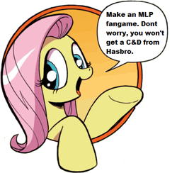 Size: 442x431 | Tagged: safe, fluttershy, pegasus, pony, bad advice fluttershy, blue eyes, cease and desist, dialogue, exploitable meme, female, mare, meme, op is a cuck, open mouth, pink mane, raised hoof, raised leg, simple background, smiling, solo, speech bubble, talking to viewer, underhoof, yellow coat