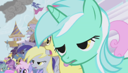 Size: 722x410 | Tagged: safe, screencap, amethyst star, derpy hooves, lemon hearts, lyra heartstrings, minuette, parasol, rainbowshine, sparkler, twinkleshine, pegasus, pony, the ticket master, faic, female, mare