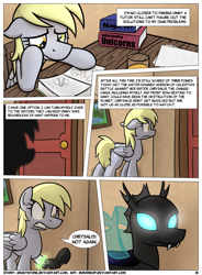 Size: 1400x1900 | Tagged: safe, artist:moemneop, derpy hooves, changeling, pegasus, pony, comic:shifting changelings lies and truths, book, comic, female, mare