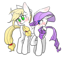 Size: 660x600 | Tagged: safe, artist:kyubi, applejack, rarity, earth pony, pony, unicorn, blushing, female, lesbian, pixiv, rarijack, shipping