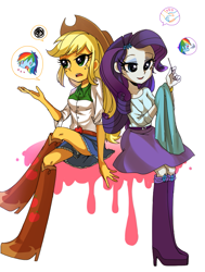 Size: 675x893 | Tagged: safe, artist:weiliy, derpibooru import, applejack, rainbow dash, rarity, equestria girls, applejack's hat, boots, clothes, cowboy boots, cowboy hat, discussion, duo, female, hat, pixiv, shoes, skirt