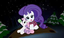 Size: 3264x1952 | Tagged: safe, artist:cornflexen, rarity, sweetie belle, pony, unicorn, clothes, night, scarf, sisters