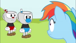 Size: 1280x720 | Tagged: safe, artist:toucanldm, derpibooru import, rainbow dash, pegasus, pony, crossover, cuphead, cuphead (character), cuphead meets mlp, hasbro studios, looking at each other, mugman, screenshots, studio mdhr, youtube link