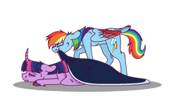 Size: 1024x561 | Tagged: safe, artist:curlyfriesarenice, artist:echabi, derpibooru import, rainbow dash, twilight sparkle, twilight sparkle (alicorn), alicorn, pegasus, pony, blanket, cloven hooves, colored wings, curved horn, cutie mark, eyes closed, female, lesbian, mare, mouth hold, shipping, simple background, sleeping, story included, transparent background, tucking in, twidash