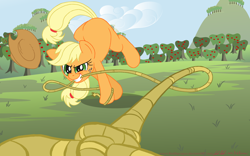 Size: 7432x4638 | Tagged: safe, artist:redapropos, applejack, earth pony, pony, absurd resolution, action pose, foreshortening, lasso, mouth hold, offscreen character, pov, rope, solo, submissive pov, viewer on leash