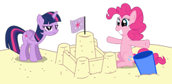 Size: 2000x976 | Tagged: safe, artist:masem, derpibooru import, pinkie pie, twilight sparkle, twilight sparkle (alicorn), alicorn, earth pony, pony, beach, flag, pail, sandcastle, simple background, smiling, transparent background, vector