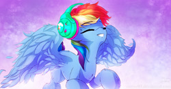 Size: 1420x737 | Tagged: safe, artist:sverre93, derpibooru import, rainbow dash, pegasus, pony, cute, dashabetes, eyes closed, female, headphones, mare, solo, spread wings, wings