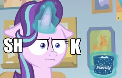 Size: 859x551 | Tagged: safe, edit, edited screencap, screencap, starlight glimmer, pony, unicorn, marks for effort, :i, discovery family logo, empathy cocoa, faic, floppy ears, glowing horn, i mean i see, magic, meme, shook, solo, telekinesis