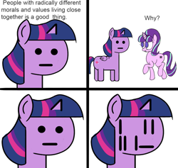 Size: 1069x1015 | Tagged: safe, artist:colochenni, editor:zizzydizzymc, starlight glimmer, twilight sparkle, twilight sparkle (alicorn), alicorn, pony, unicorn, comic, crossing the memes, drawthread, duo, equal cutie mark, equalized mane, female, loss (meme), loss edit, mare, meme, npc, npc meme, ponified, s5 starlight, simple background, stylistic suck