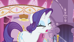 Size: 1366x768 | Tagged: safe, screencap, rarity, bicorn, pony, unicorn, sleepless in ponyville, animation error, multiple horns, solo