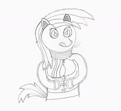 Size: 2400x2200 | Tagged: safe, artist:game-beatx14, derpy hooves, anthro, breasts, clothes, cold, female, hands in pockets, monochrome, pencil drawing, scarf, solo, sweater, traditional art