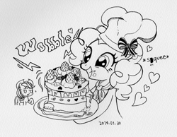 Size: 1023x794 | Tagged: safe, artist:momo, applejack, pinkie pie, earth pony, pony, cake, cute, diapinkes, grayscale, japanese, monochrome