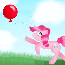 Size: 894x894 | Tagged: safe, artist:chanceyb, pinkie pie, earth pony, pony, balloon, reaching, solo