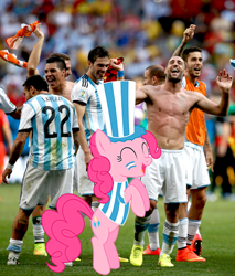 Size: 428x503 | Tagged: safe, artist:leopurofriki, pinkie pie, argentina, clothes, football, happy, hat, irl, photo, ponies in real life, shirt, world cup