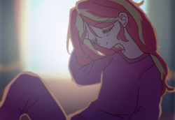 Size: 1071x736 | Tagged: safe, artist:xp_r6, sunset shimmer, human, equestria girls, clothes, female, solo, waking up