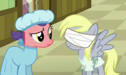 Size: 452x269 | Tagged: safe, screencap, derpy hooves, earth pony, pegasus, pony, where the apple lies, bandage, female, frown, hospital gown, mare, raised eyebrow, smiling, spread wings, teenage derpy hooves, wings, worried, younger