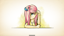 Size: 7680x4320 | Tagged: safe, artist:tenart, fluttershy, butterfly, human, absurd resolution, clothes, hair over one eye, humanized, simple background, solo, table