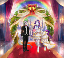 Size: 1000x899 | Tagged: safe, artist:kazeco, rarity, spike, centaur, ponytaur, taur, candle, female, human facial structure, humanized, male, mohawk, pixiv, rainbow, shipping, sparity, straight, tailed humanization, wedding