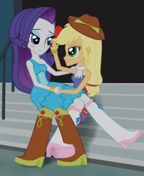 Size: 835x1022 | Tagged: dead source, safe, artist:asdf314159265, applejack, rarity, equestria girls, boots, clothes, cowboy boots, dress, fall formal outfits, female, high heel boots, lesbian, rarijack, shipping, sleeveless, snuggling, strapless