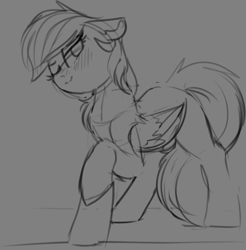 Size: 1663x1688 | Tagged: safe, artist:yoditax, derpibooru import, rainbow dash, pegasus, pony, monochrome, one eye closed, raised hoof, sketch, solo, wink