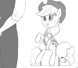 Size: 1600x1400 | Tagged: safe, artist:tex, applejack, oc, oc:tex, earth pony, pony, clothes, daisy dukes, front knot midriff, grayscale, hay bale, midriff, monochrome, open fly, sitting, unbuttoned