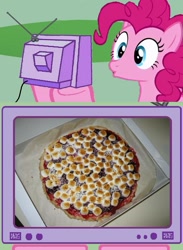 Size: 563x771 | Tagged: safe, pinkie pie, pony, cute, diabetes, exploitable meme, food, food wishes, marshmallow, marshmallow pizza, meme, obligatory pony, pizza, television, tv meme