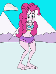 Size: 955x1257 | Tagged: safe, artist:hunterxcolleen, pinkie pie, equestria girls, belly button, bikini, clothes, cold, freezing, freezing fetish, humanized, mountain, shivering, snow, solo, swimsuit