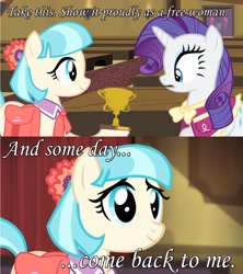 Size: 1273x1431 | Tagged: safe, coco pommel, rarity, pony, unicorn, rarity takes manehattan, babylon 5, female, lesbian, londo mollari, marshmallow coco, modified quote, quote, shipping, this will end in tears